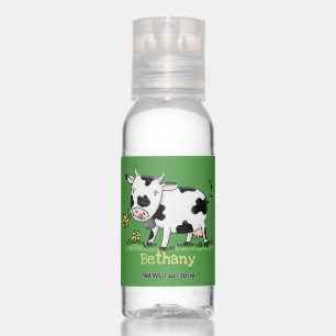 Cute cow in green field cartoon illustration hand sanitizer