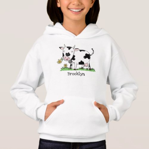 Cute cow in green field cartoon illustration hoodie