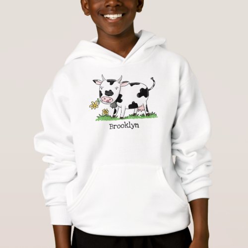 Cute cow in green field cartoon illustration hoodie
