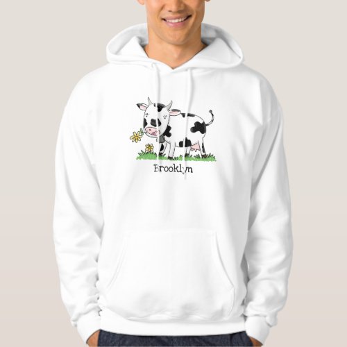 Cute cow in green field cartoon illustration hoodie