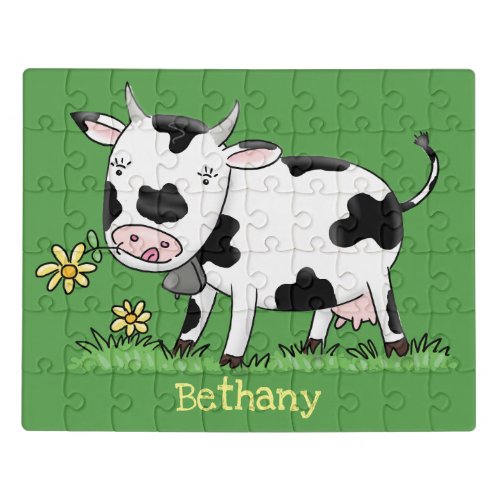 Cute cow in green field cartoon illustration jigsaw puzzle