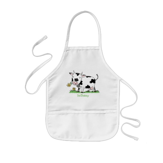 Cute cow in green field cartoon illustration kids' apron (Front)