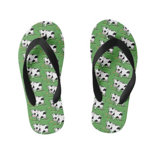 Cute cow in green field cartoon illustration kids flip flops