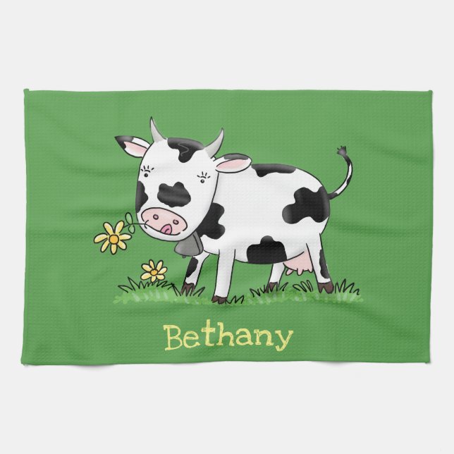 Cute cow in green field cartoon illustration kitchen towel (Horizontal)