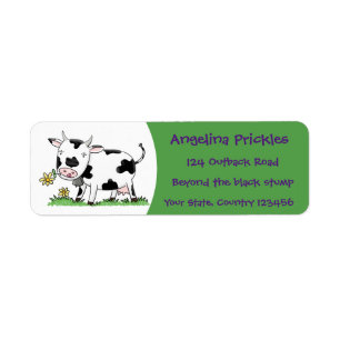 Cute cow in green field cartoon illustration label