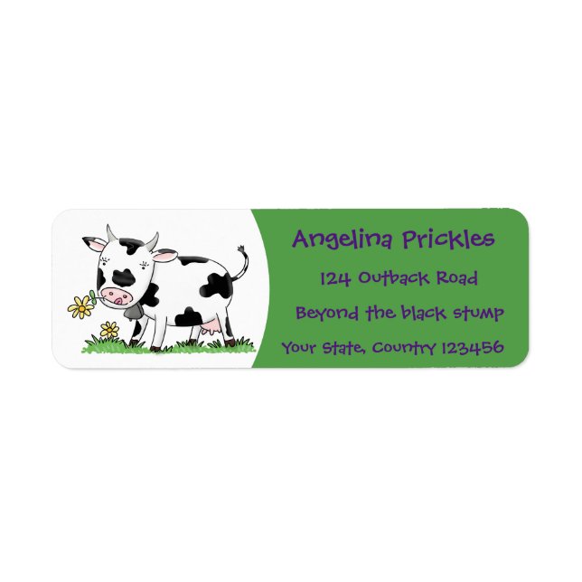 Cute cow in green field cartoon illustration label (Front)