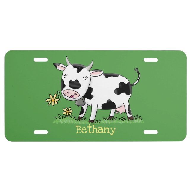 Cute cow in green field cartoon illustration license plate (Front)