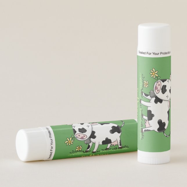 Cute cow in green field cartoon illustration lip balm (Front)