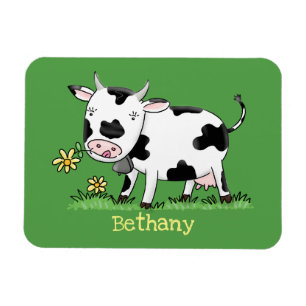 Cute cow in green field cartoon illustration magnet