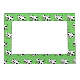 Cute cow in green field cartoon illustration magnetic frame