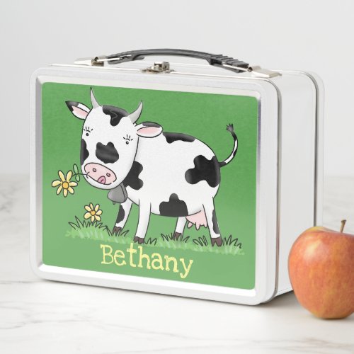 Cute cow in green field cartoon illustration metal lunch box