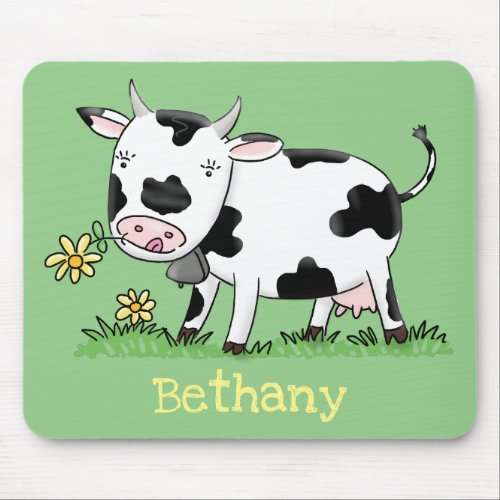 Cute cow in green field cartoon illustration mouse pad