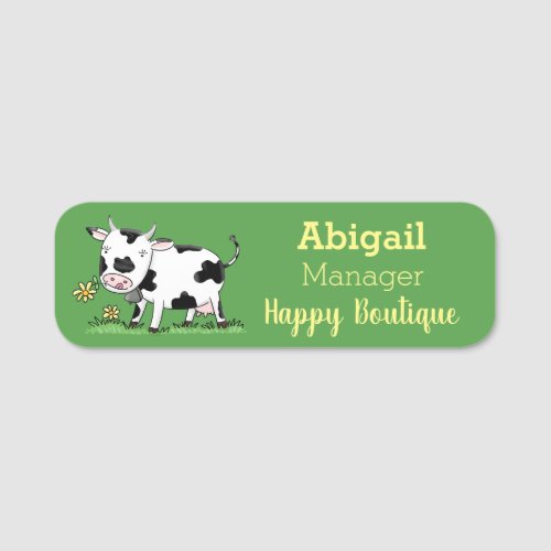 Cute cow in green field cartoon illustration name tag