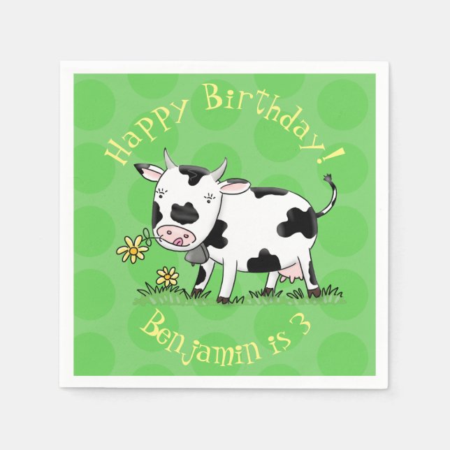 Cute cow in green field cartoon illustration napkins (Front)