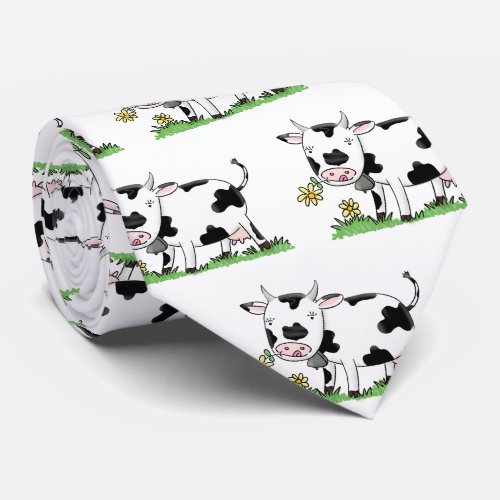Cute cow in green field cartoon illustration neck tie