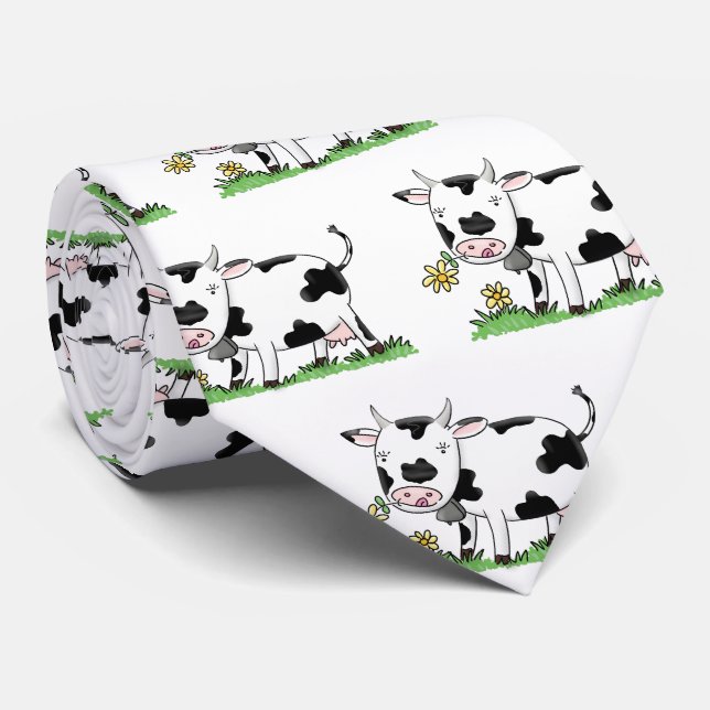 Cute cow in green field cartoon illustration neck tie (Rolled)