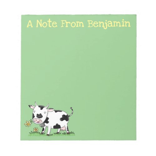 Cute cow in green field cartoon illustration notepad