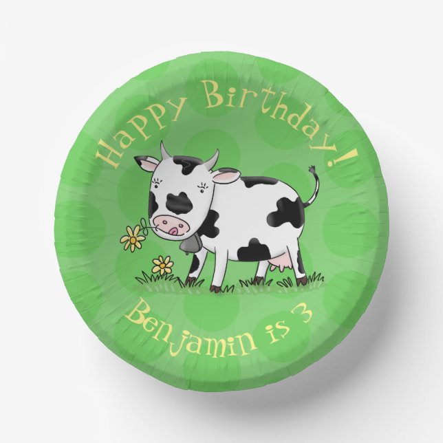 Cute cow in green field cartoon illustration paper bowls (Front)