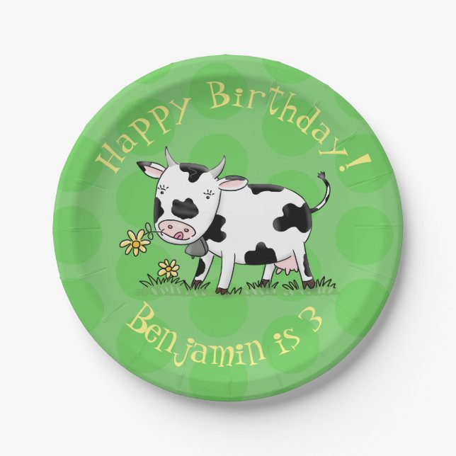 Cute cow in green field cartoon illustration paper plates (Front)
