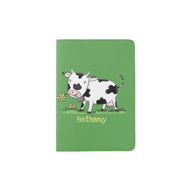 Cute cow in green field cartoon illustration passport holder (Front)
