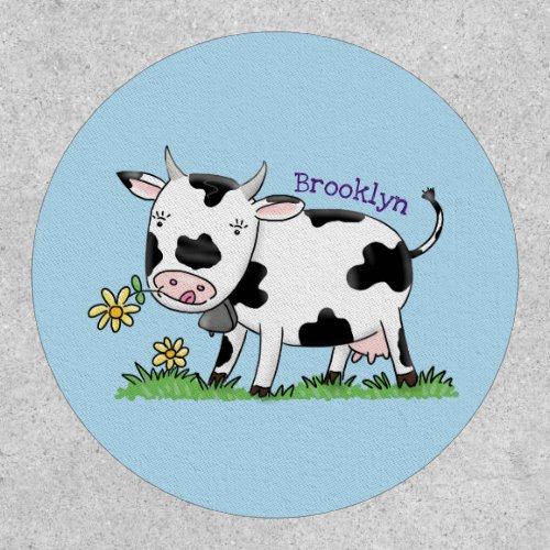 Cute cow in green field cartoon illustration patch