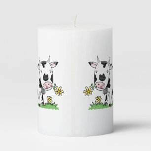 Cute cow in green field cartoon illustration pillar candle