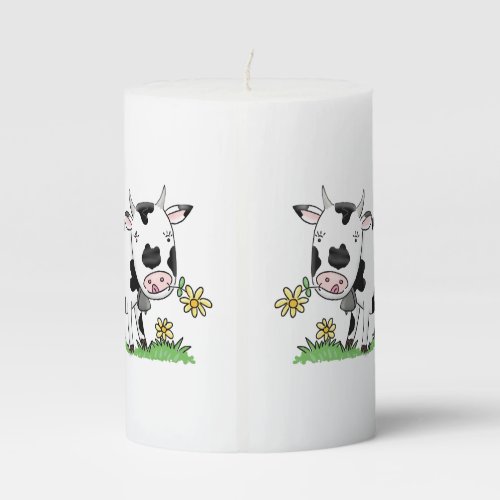 Cute cow in green field cartoon illustration pillar candle