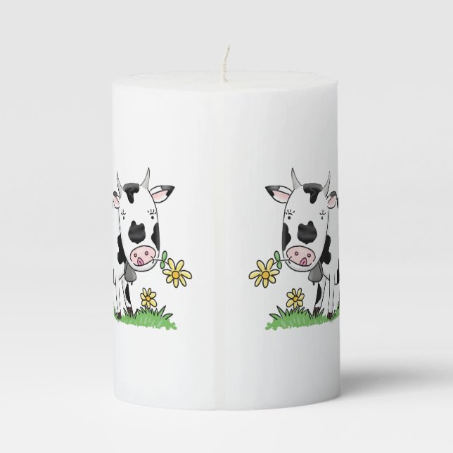 Cute cow in green field cartoon illustration pillar candle (Back)