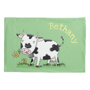 Cute cow in green field cartoon illustration pillow case