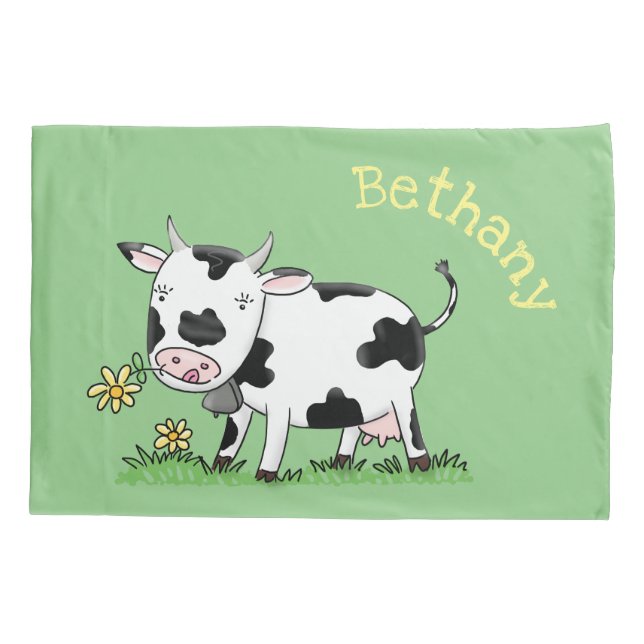 Cute cow in green field cartoon illustration pillow case (Back)