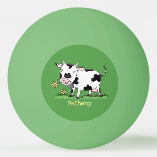 Cute cow in green field cartoon illustration ping pong ball