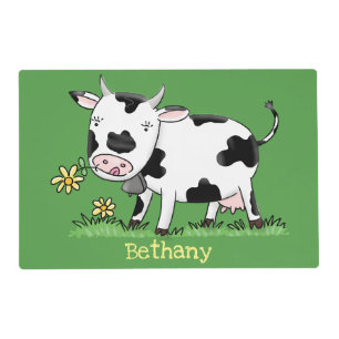 Cute cow in green field cartoon illustration placemat