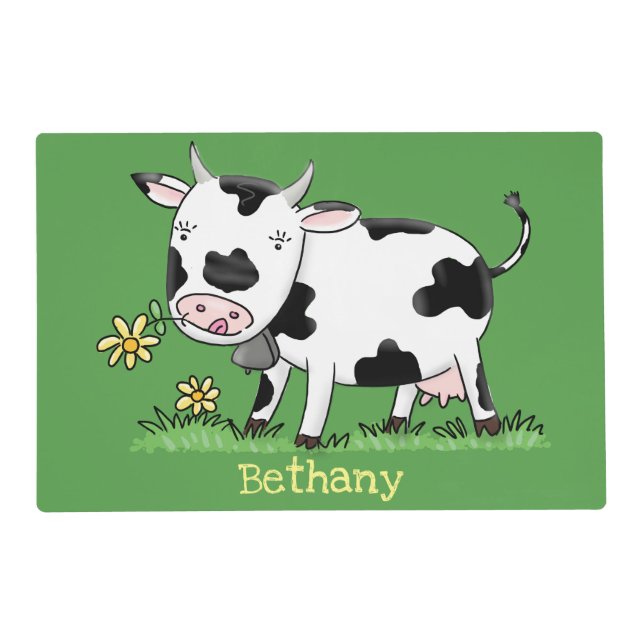 Cute cow in green field cartoon illustration placemat (Front)