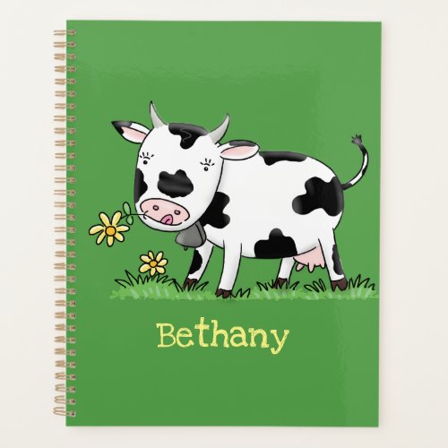 Cute cow in green field cartoon illustration planner