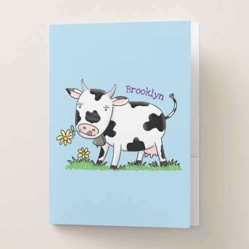 Cute cow in green field cartoon illustration pocket folder