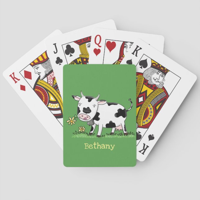 Cute cow in green field cartoon illustration poker cards (Back)