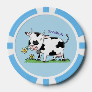 Cute cow in green field cartoon illustration poker chips