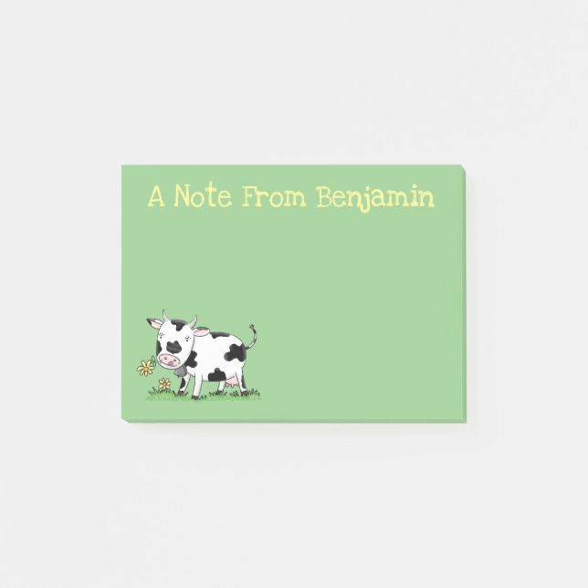 Cute cow in green field cartoon illustration post-it notes (Front)