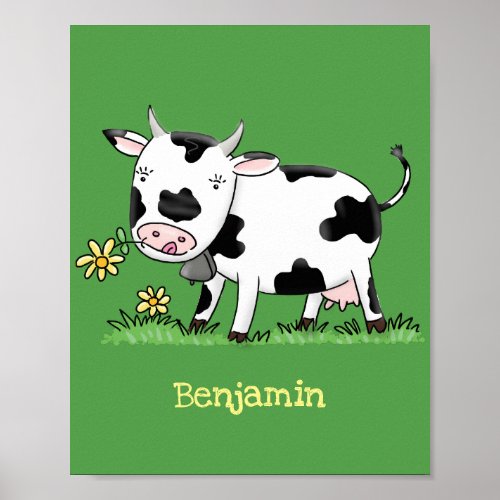 Cute cow in green field cartoon illustration poster