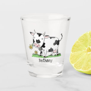 Cute cow in green field cartoon illustration shot glass