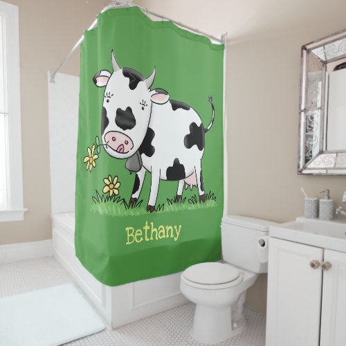 Cute cow in green field cartoon illustration shower curtain