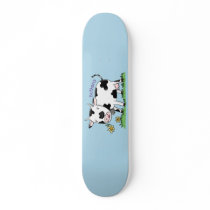 Cute cow in green field cartoon illustration skateboard