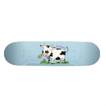 Cute cow in green field cartoon illustration skateboard