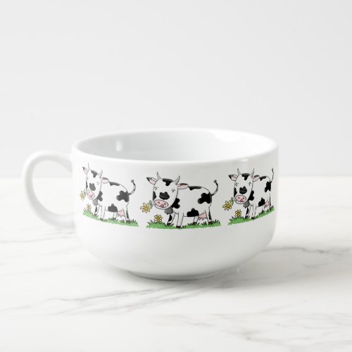 Cute cow in green field cartoon illustration soup mug