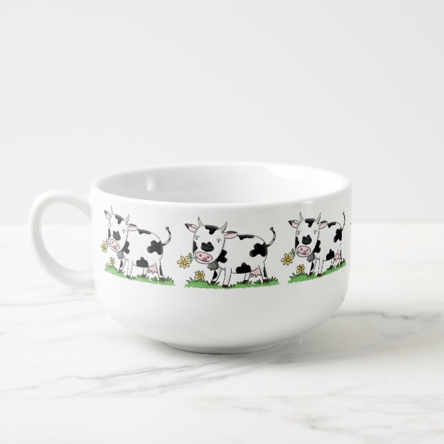 Cute cow in green field cartoon illustration soup mug (Right)