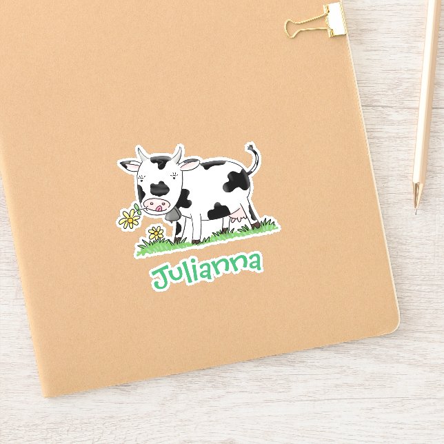 Cute cow in green field cartoon illustration sticker (Notebook)