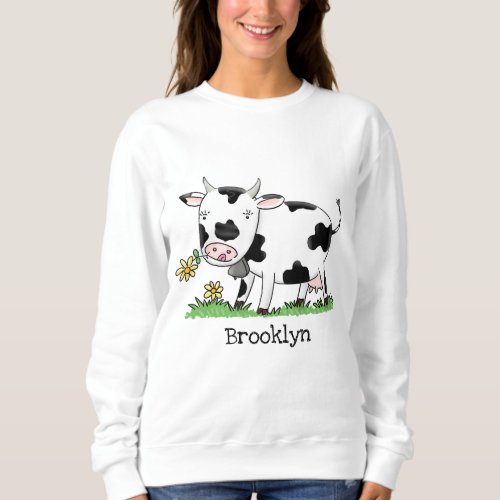 Cute cow in green field cartoon illustration sweatshirt