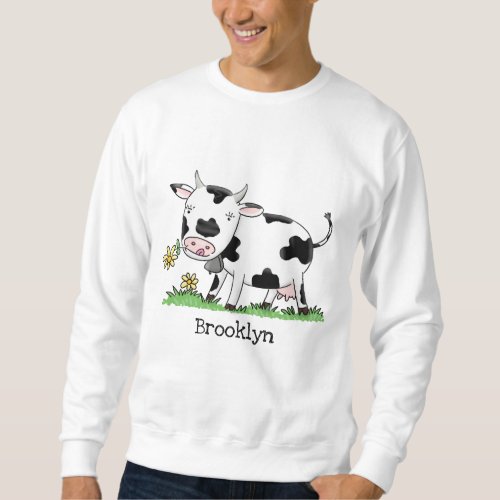 Cute cow in green field cartoon illustration sweatshirt