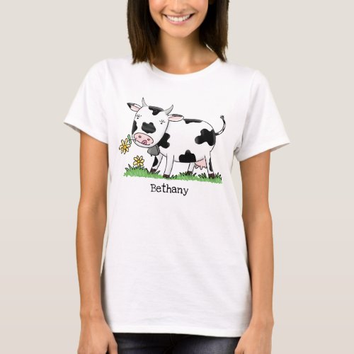 Cute cow in green field cartoon illustration T_Shirt