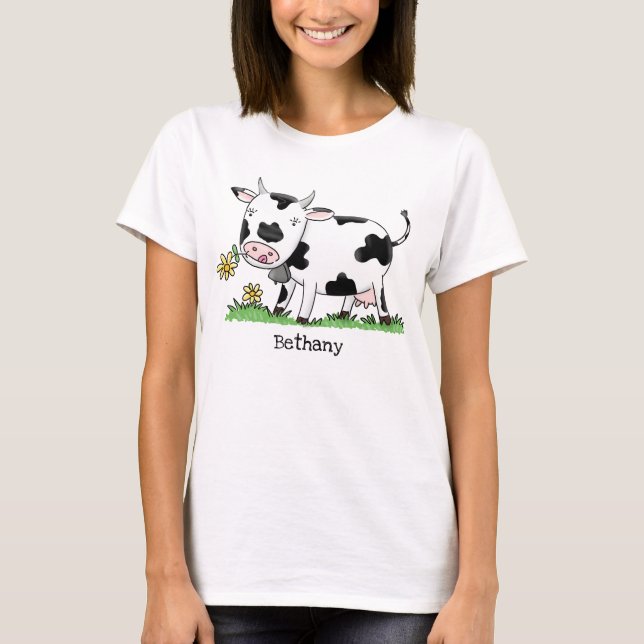 Cute cow in green field cartoon illustration T-Shirt (Front)
